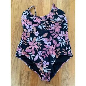 AQUA COUTURE One Piece Swimsuit Black Orange Pink Florals